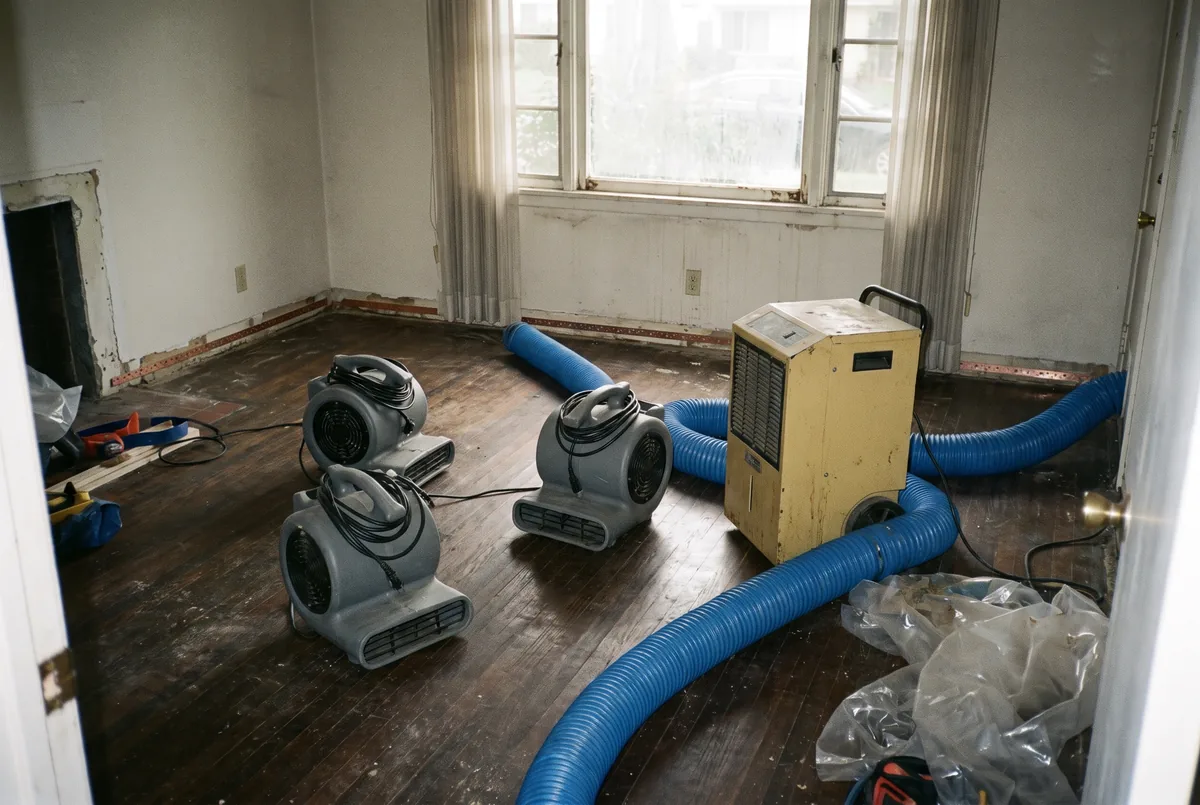 Air movers and a dehumidifier drying a water-damaged oak floor with baseboards removed
