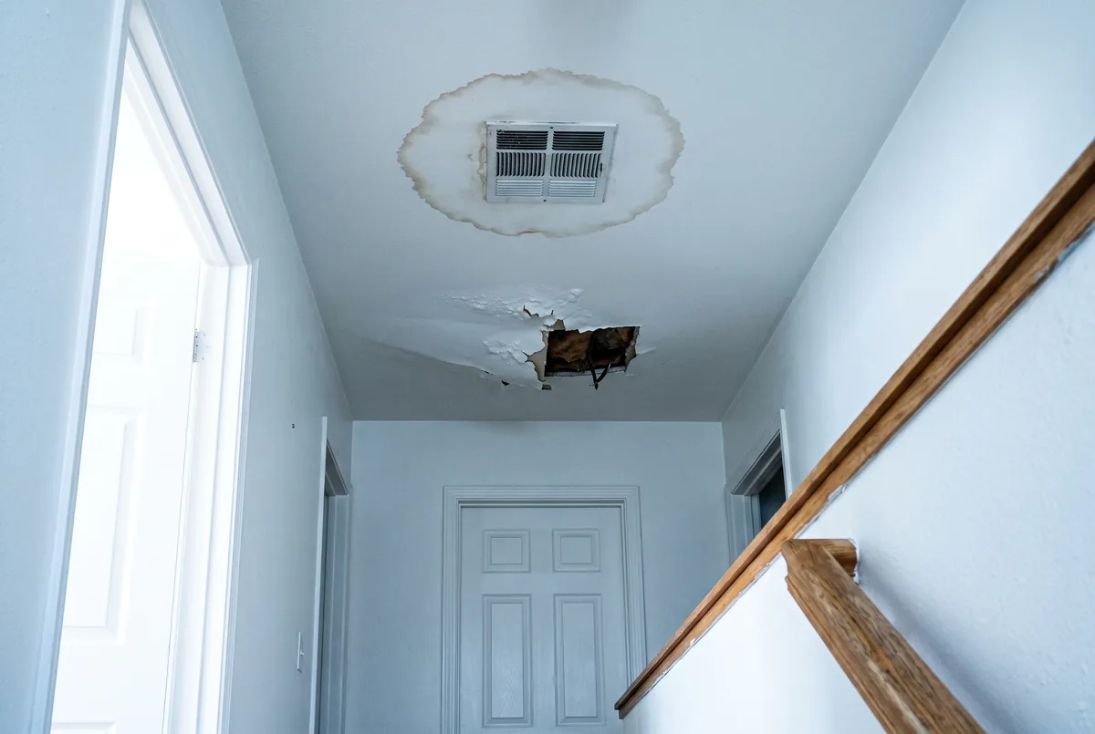Hallway ceiling with a large brown water stain around an air vent, sagging drywall and a section cut away exposing wet insulation