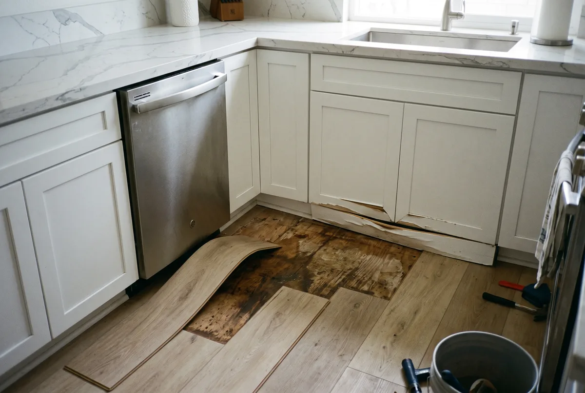 Kitchen floor with lifted and curled vinyl planks in front of the dishwasher exposing damp plywood subfloor, and a swollen cabinet toe-kick