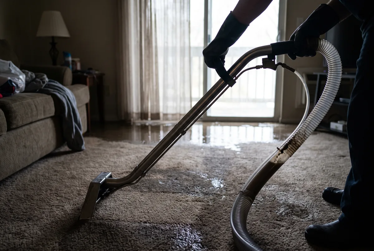 Extraction wand pulling standing water out of saturated carpet, water visible in the vacuum hose