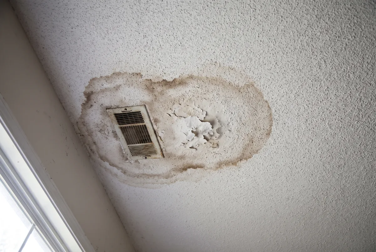 Brown water stain spreading around a ceiling air vent with paint beginning to sag