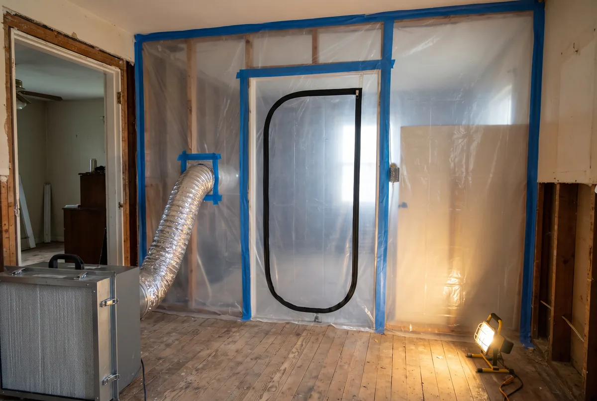 Polyethylene containment with a zipper door and a HEPA air scrubber ducted through the sheeting
