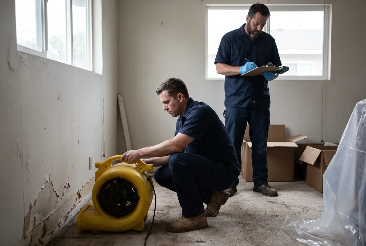 Two technicians working in a water-damaged room: one setting an air mover against a wall with the baseboard removed, the other recording a moisture reading on a clipboard