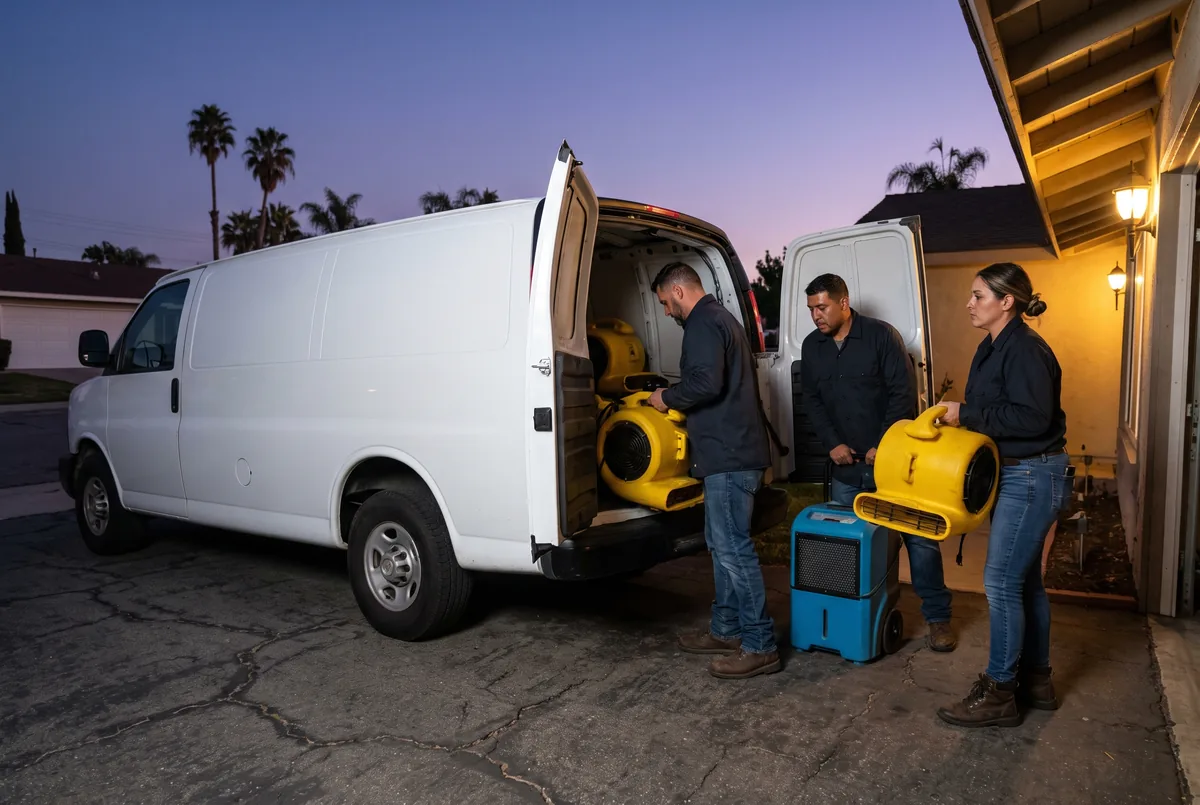 Three crew members loading air movers and a dehumidifier into a van outside a suburban house at dusk