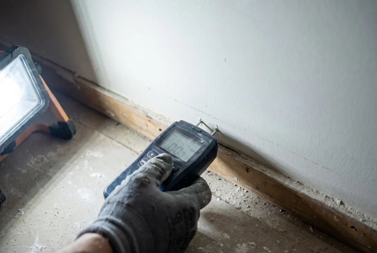 Pin-type moisture meter pressed against drywall above a removed baseboard
