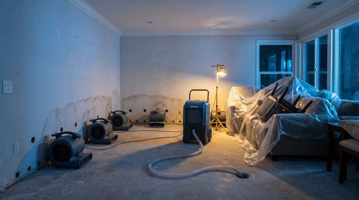 Whole-room drying setup at night: air movers along two wet walls, dehumidifier with condensate hose, injection holes drilled at the base of the drywall, furniture under plastic
