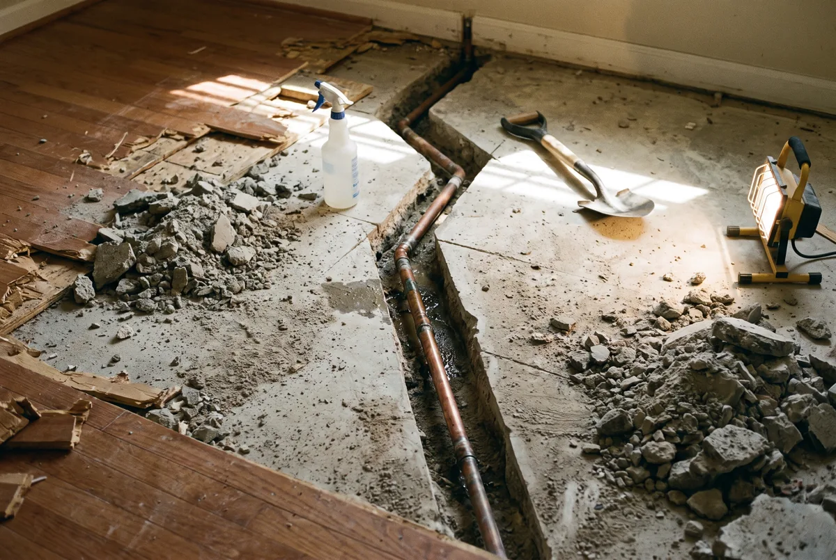 Concrete slab opened along a saw-cut trench exposing a wet copper supply line